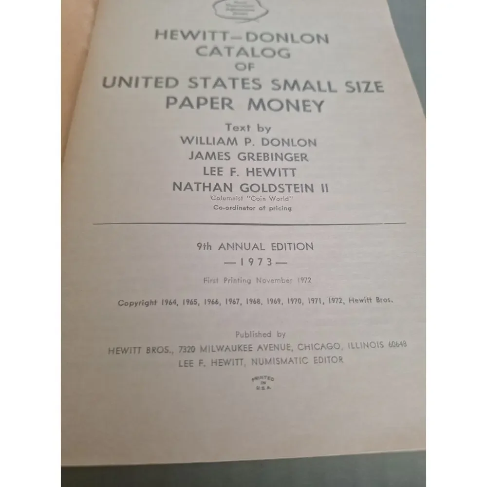 Hewitt Donlon Catalog US Small Size Paper Money 1973 9th Edition